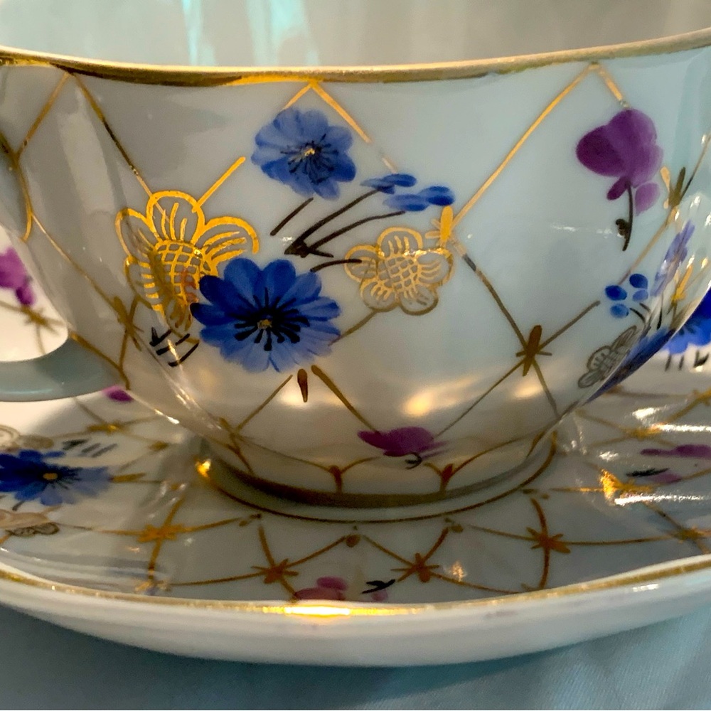 COPY - Fine Bone Lomonosov Russian Porcelain Gilded Gold Net and Blue & Purple …